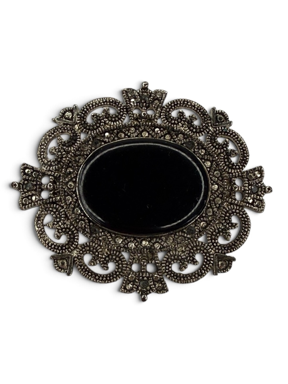 Vintage Silver-Tone Black Glass Cabochon & Faux Marcasite Filigree Brooch